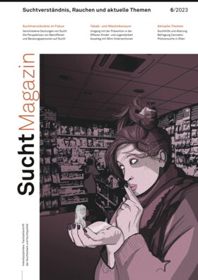 Illustriation: Frau in kioskartigem Laden ringt mit sich selbst und spricht mit kleinem Geist auf ihrer Hand, Violett-Brauntöne, dunkel