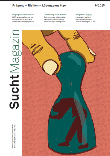 Das Cover des SuchtMagazin Nr. 6/2025 zeigt eine schwebende Figur mit langen gelben Haaren vor dunkelgrünem Hintergrund mit leuchtenden Sternen