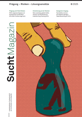 Das Cover des SuchtMagazin Nr. 6/2025 zeigt eine schwebende Figur mit langen gelben Haaren vor dunkelgrünem Hintergrund mit leuchtenden Sternen
